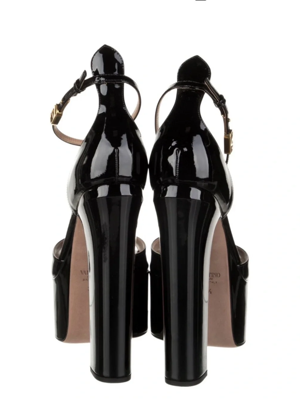 Valentino Black Patent Platform Sandals with Gold V-Ankle Strap